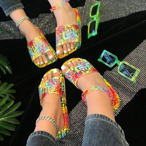 Women colorful printed summer peep toe flat slide sandals