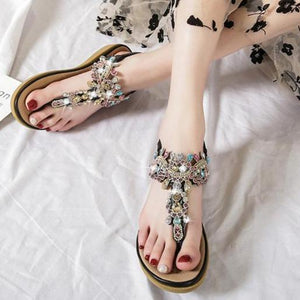 Women bohemian rhinestone ankle strap clip toe flat sandals