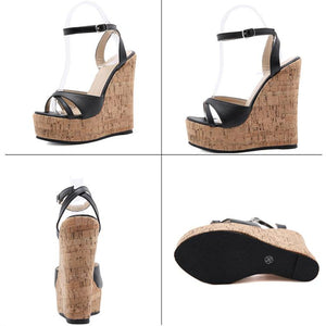Women criss cross peep toe platform ankle buckle strap high wedge heels
