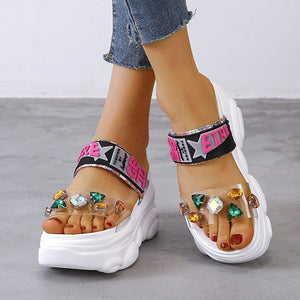 Women clear rhinestone two strap chunky platform slide sandals