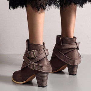 Women buckle straps back zipper chunky heeled boots