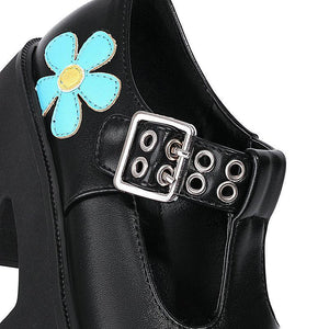 Women blue flower print chunky low heel platform marry jane loafers shoes