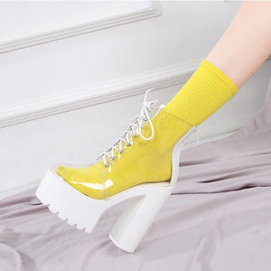 Women transparent lace up block high heel platform boots