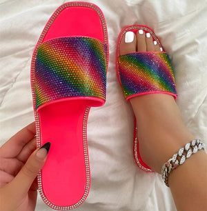 Women rainbow sparkly rhinestone strap square toe flat slide sandals
