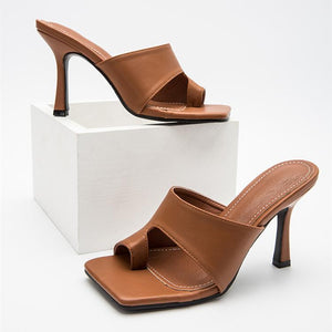 Women summer new fashion square ring toe strap slide stiletto heels