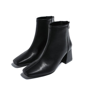 Women solid color chunky heel ankle square toed boots