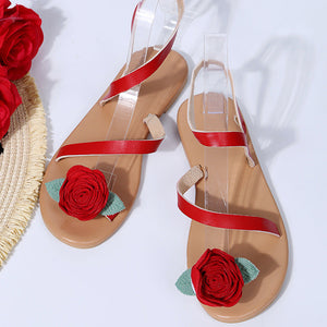 Women cute flower decor strap slip on flat red sandals