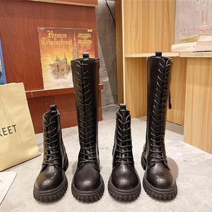 Women chunky heel platform double zippers lace up black boots