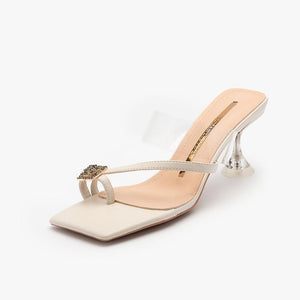 Women rhinestone ring toe clear strap slip on chunky heels