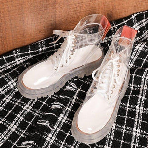 Women sock slip on lace up clear short platform boots