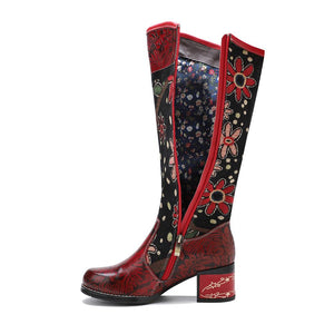 Women retro embroidered flower chunk heel knee high boots