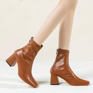Women short chunky heel back zipper square toed boots