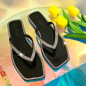 Women clear rhinestone square toe flip flop slide jelly sandals