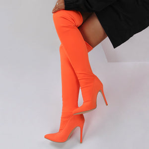 Women thigh high boots | Slip on pointed toe stiletto high heel boots | Long orange sexy boots
