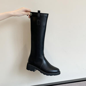 Women knee high chunky heel side zipper black boots