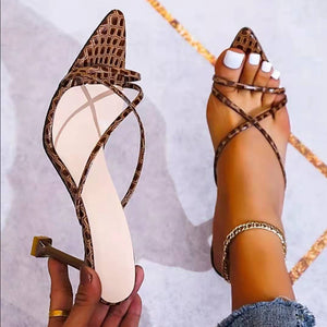 Women snakeskin printed pointed peep toe criss cross strap slide stiletto heels
