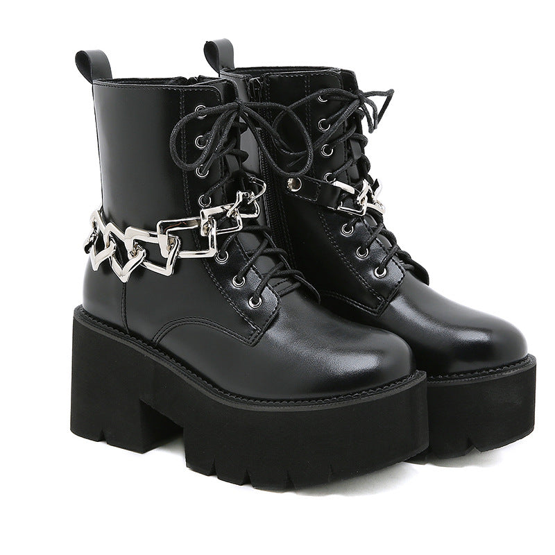 Women motorcycle boots chain decor black lace up chunky heel platform boots