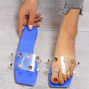 Women summer beach studded clear strap square peep toe slide sandals