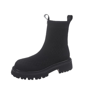 Women knit sock breathable slip on chunky platform short black boots