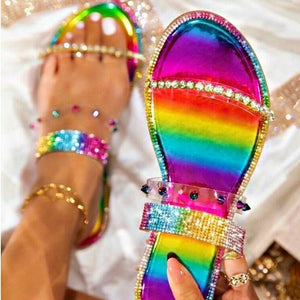 Women summer colorful rhinestone strap flat slide beach sandals