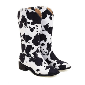 Women chunky heel cow grain printed mid calf boots
