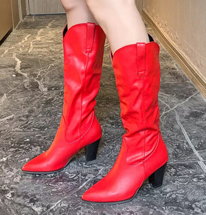 Women fall pointed toe chunky heel mid calf boots