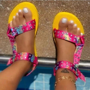 Women flat peep toe studded strap magic tape summer beach sandals