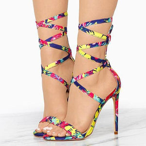 Women colorful ankle strappy lace up heels