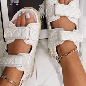 Women grid two strap peep toe slingback flat slip on sandals