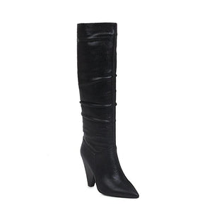 Women fashion pointed toe chunky heel slouch knee high boots