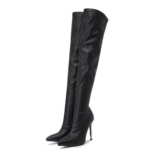 Women stiletto high heel pointed toe plaid embossed knee high boots