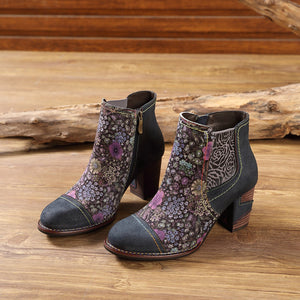 Womens fashion short flower embroidered chunky heeled boots