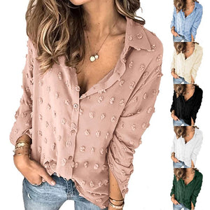 Women solid color turn-down collar dots button up summer tops