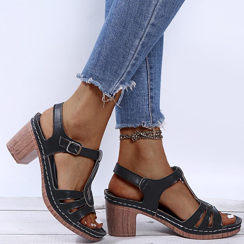 Women summer peep toe buckle ankle strap chunky sandals