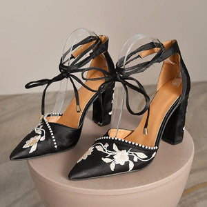 Women embroidered flower side cut pointed toe chunky lace up heels