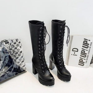 Women knee high chunky heel platform lace up boots