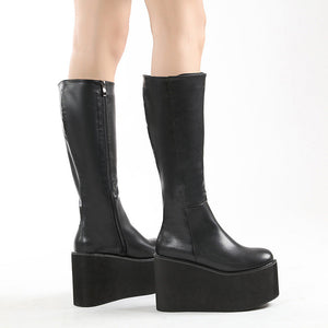 Women knee high solid color black side zipper chunky platform boots