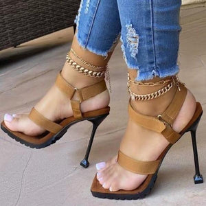 Women square clip toe magic tape sandal high heels