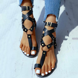 Women criss cross strappy ring toe flat sandals