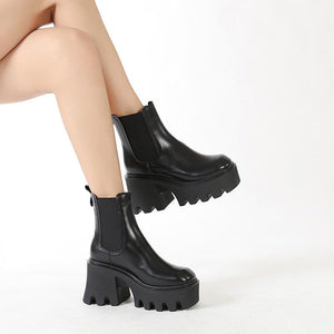 Women chunky platform slip on black chelsea boots