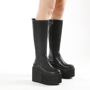 Women knee high solid color black side zipper chunky platform boots