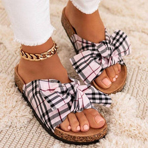 Women summer grid bow strap slide flat sandals