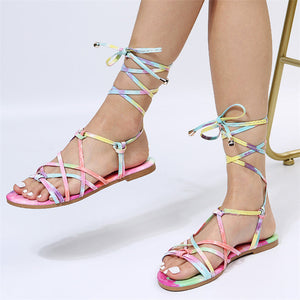 Women criss cross color block strappy flat lace up sandals