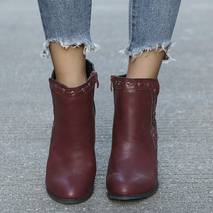 Women side v cut zipper short chunky high heel boots