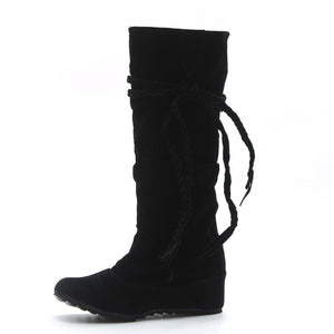 Women winter flat woven fringed knee high boots