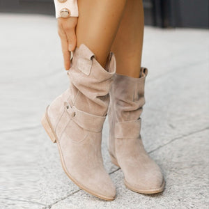 Women solid color side zipper square low heel booties
