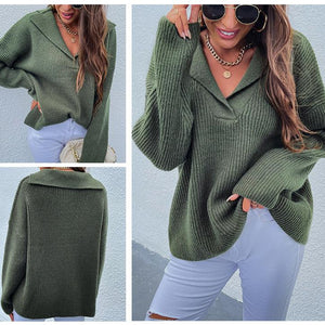 Women turn-down collar v neck long sleeve knit sweater