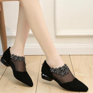 Women's crystal flower black lace mesh low heel sandals for wedding