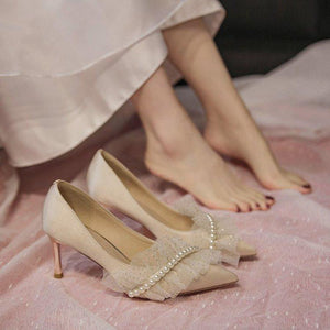 Women wedding pointed toe ruffle strap rhinestone bridal heels