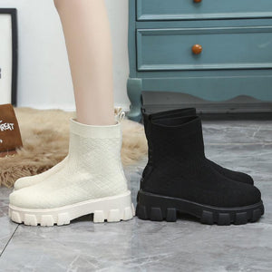 Women winter fall chunky heel platform fashion sock booties